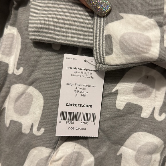 CARTERāS NWT size preemie, gray & white with elephant print - Picture 7 of 11